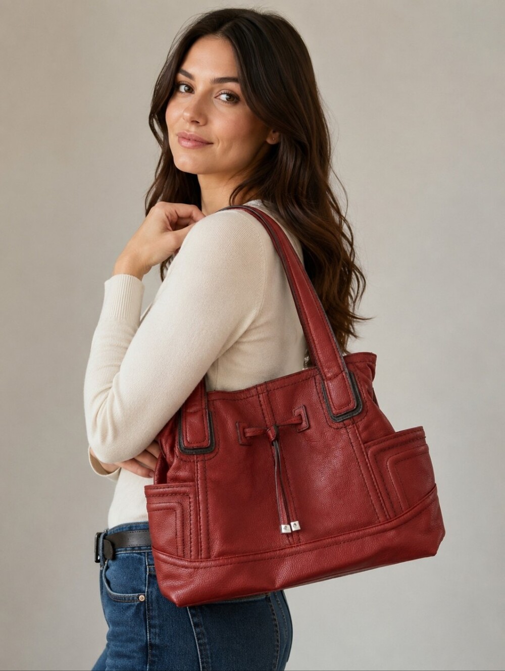 Classic Red Leather Tote Bag - Women